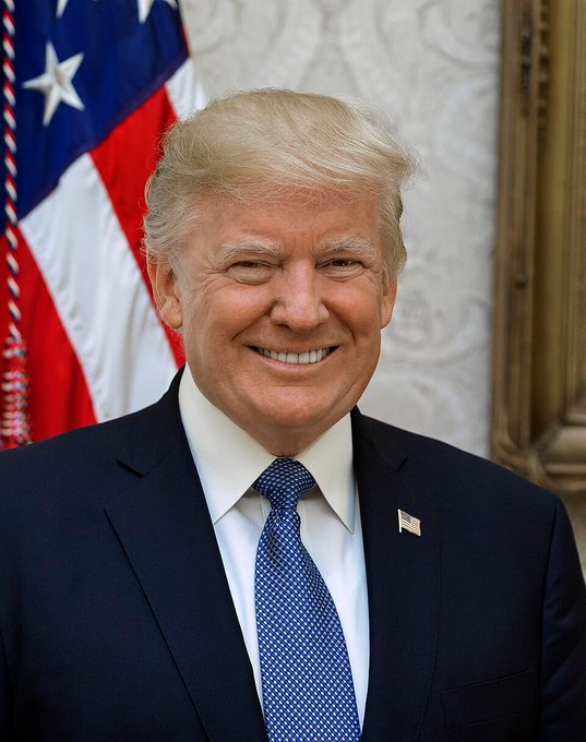 A smiling portrait of Donald Trump in a suit and tie, with the American flag in the background, illustrates the key figure expected at a White House crypto meeting. This meeting will include executives from major cryptocurrency companies like Coinbase, Ripple, and Chainlink.