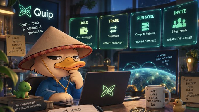 Digital illustration of a duck character wearing a conical hat at a laptop, surrounded by 'Quip' branding with menu options: HOLD (Quip Account), TRADE (QuipSwap), RUN NODE (Compute Network), and INVITE (Bring Friends), with notes reading 'Points Today A Stronger Tomorrow' and 'Post-Quantum For A Bigger Tomorrow.'