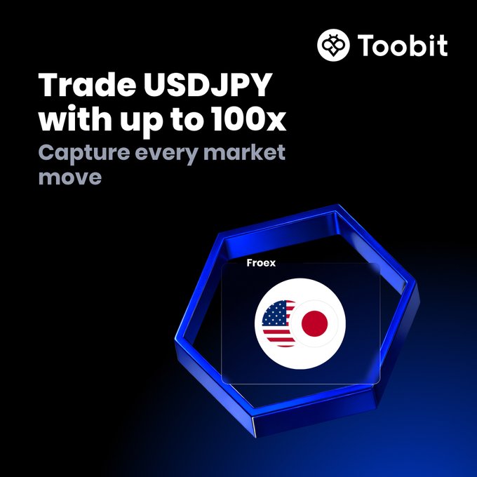 A promotional graphic from Toobit advertising USDJPY trading with up to 100x leverage, featuring a hexagonal design and a Froex logo with US and Japanese flags.