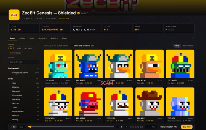 A marketplace interface for the ZecBit Genesis NFT collection showing various pixel-art character avatars priced in ZEC (Zcash), with one marked 'SCAM!' in red.