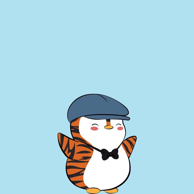 A cartoon penguin character with orange and black tiger stripes, wearing a blue newsboy cap and a black bow tie, stands against a light blue background. The character is likely the user's newly acquired Lil Pudgy NFT, which was recently featured on the official LilPudgys account.