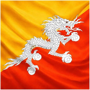 The image displays the flag of Bhutan, featuring its iconic white dragon (the Druk) clutching jewels, set against a diagonally divided yellow and orange-red background. This relates to the post about Bhutan transferring 10.779 BTC (~$835K) to new addresses, as the flag represents the country whose government has been actively moving its Bitcoin holdings.