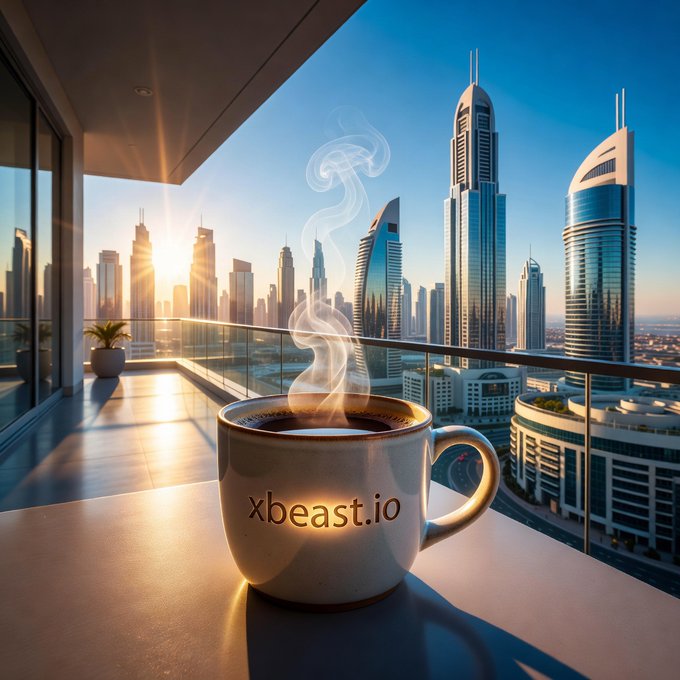 A steaming cup of coffee labeled 'xbeast.io' on a balcony overlooking a modern city skyline at sunrise with tall glass skyscrapers.