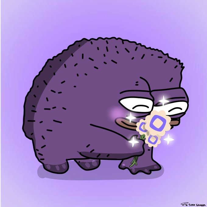 A chubby purple creature with closed, content eyes and a blush on its cheek holds a small bouquet of sparkling flowers against a lavender background. The signature "Hope Sanger" appears in the bottom right corner. The illustration reflects the post's affectionate sentiment toward @monad, depicting the character in a tender, lovable moment despite imperfections.
