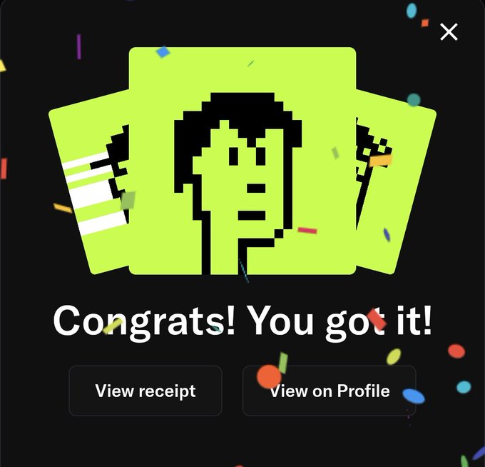 A celebratory pop-up screen displays pixel-art character cards with the message "Congrats! You got it!" alongside "View receipt" and "View on Profile" buttons, with confetti effects celebrating a successful acquisition or mint of a Ronks NFT collectible.