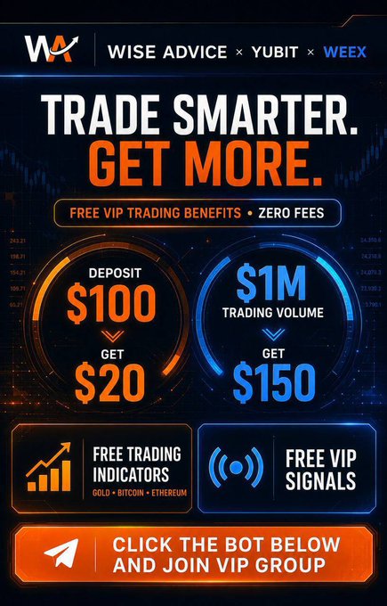 A promotional graphic for "Wise Advice x Yubit x Weex" advertising a VIP trading group with the headline "TRADE SMARTER. GET MORE." highlighting free VIP benefits including zero fees, a $20 deposit bonus on $100 deposits, $150 bonus on $1M trading volume, free trading indicators (Gold, Bitcoin, Ethereum), and free VIP signals, with a call-to-action to join via the official bot.