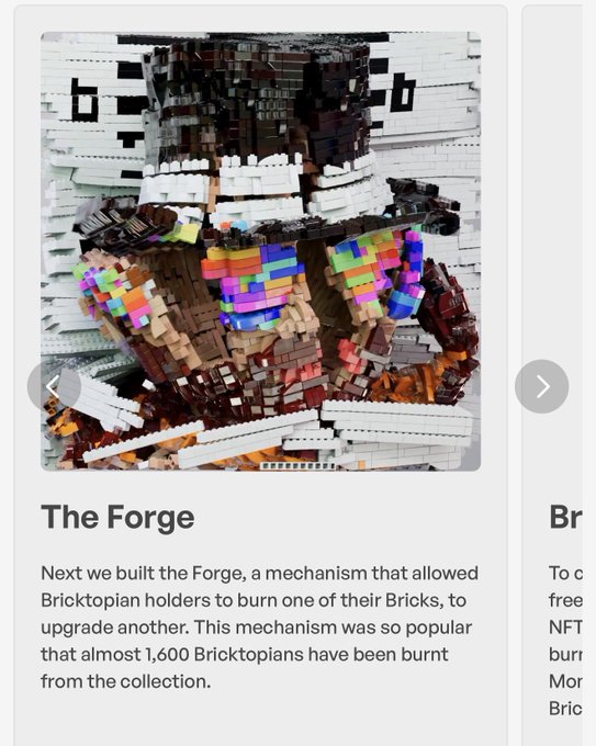 A screenshot of a webpage featuring 'The Forge', a mechanism that allowed Brickstopian holders to burn one Bricktopian to upgrade another, noting that almost 1,600 Bricktopians have been burnt.