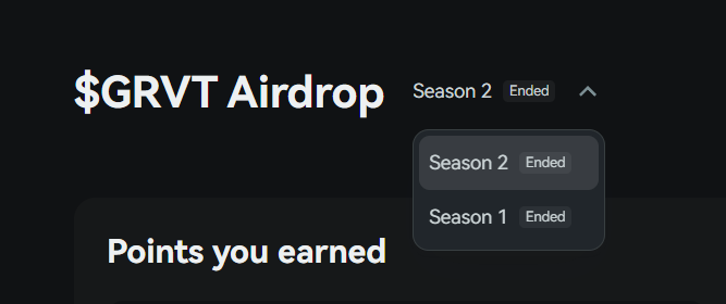 A webpage showing '$GRVT Airdrop' with Season 2 marked as Ended in a dropdown menu alongside Season 1, displaying 'Points you earned' below.