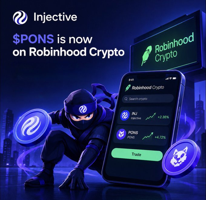 A promotional graphic announces '$PONS is now on Robinhood Crypto' alongside the Injective logo and a ninja character.