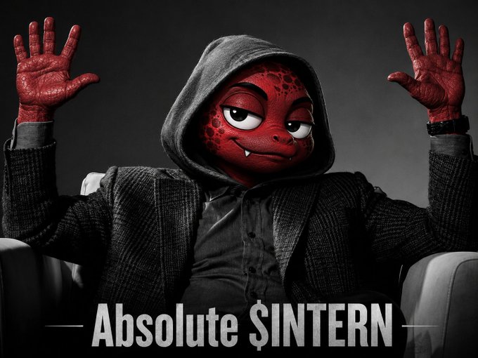 A red, cartoonish creature wearing a grey hoodie and blazer sits in a chair with its hands raised, paired with the text "Absolute $INTERN." The image uses a stylized character to humorously illustrate the accompanying phrase "Today was absolute $intern," playing on the idea of chaotic or overwhelming energy.