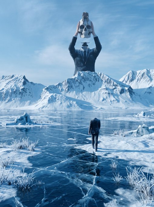 A surreal scene shows a man in a suit walking across a frozen, cracked lake toward a giant figure in a business suit holding a skull aloft in an icy mountainous landscape.