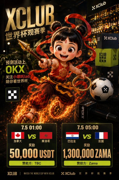 The image is a vibrant promotional poster for "XCLUB World Cup Viewing Season," featuring an animated character in traditional red attire wielding a spear and surrounded by flames, alongside a soccer ball and OKX branding.

Key text includes match schedules: Canada vs Morocco at 7.5 01:00 with a 50,000 USDT prize (sponsored by TBC), and Paraguay vs France at 7.5 05:00 with a 1,300,000 ZAMA prize (sponsored by Zama), promoting OKX prediction events tied to World Cup viewership—matching the post's hype about an OKX prize pool and prediction activity.