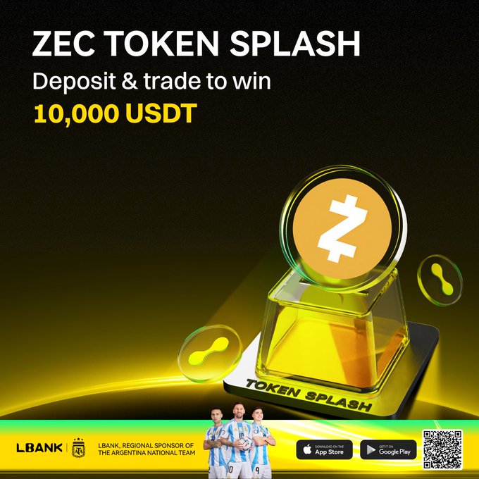 A promotional banner for LBank's "ZEC Token Splash" event, featuring a glowing yellow Zcash (ZEC) coin above a "TOKEN SPLASH" pedestal, with text reading "Deposit & trade to win 10,000 USDT." The image highlights the 10,000 USDT prize pool and deposit/trading rewards mentioned in the accompanying post, while also noting LBank as the regional sponsor of the Argentina national football team.
