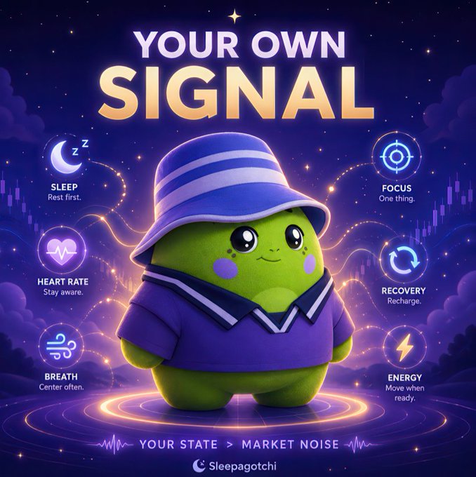 A cute green mascot character wearing a blue sailor hat and outfit stands in a starry purple cosmic setting, surrounded by six glowing icons labeled "SLEEP," "FOCUS," "HEART RATE," "RECOVERY," "BREATH," and "ENERGY," with the bold headline "YOUR OWN SIGNAL" above and the tagline "YOUR STATE > MARKET NOISE" below, alongside the "Sleepagotchi" brand name. The image visually reinforces the post's message that a user's mental and physical state influences their market decisions, emphasizing self-awareness of personal signals (sleep, energy, focus) over external market noise.