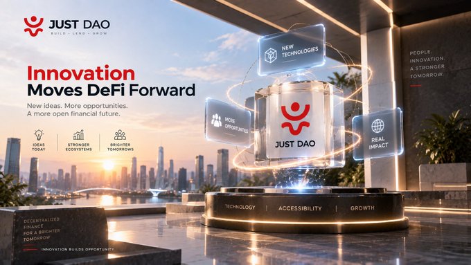 JUST DAO promotional graphic with text 'Innovation Moves DeFi Forward' and 'New ideas. More opportunities. A more open financial future.' featuring a futuristic 3D rendering of the JUST DAO logo with floating panels labeled 'NEW TECHNOLOGIES', 'MORE OPPORTUNITIES', and 'REAL IMPACT' set against a city skyline.