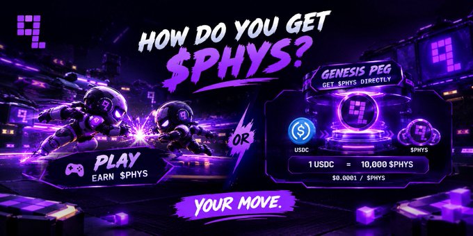 A purple-themed digital graphic advertising a cryptocurrency or gaming token, reading 'HOW DO YOU GET $PHYS?' with options 'PLAY EARN $PHYS' or purchase via 'GENESIS PEG' at '1 USDC = 10,000 $PHYS ($0.0001 / $PHYS)'.