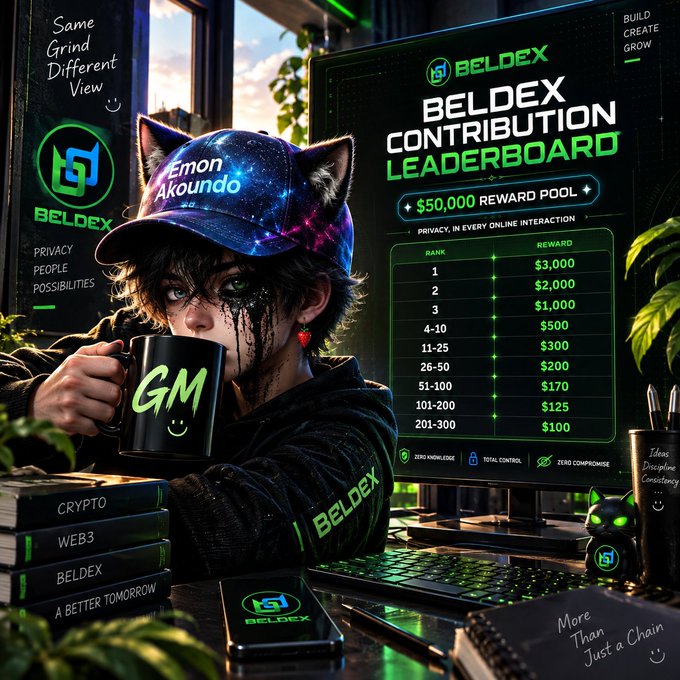 An anime-style illustration of a cat-eared character in a 'BELDEX' cap holding a 'GM' mug, next to a 'BELDEX CONTRIBUTION LEADERBOARD' showing a $50,000 reward pool with various cash prizes.