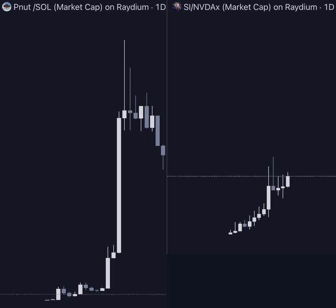 A side-by-side daily market cap comparison on Raydium showing the parabolic price action of $Pnut /SOL (left) and $SI /NVDAx (right), illustrating how $SI's current uptrend mirrors $PNUT's early breakout phase, as suggested by the post's "Dare to dream again?" sentiment.