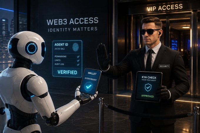 A futuristic Web3 scene showing a white humanoid robot at a 'WEB3 ACCESS' checkpoint with 'IDENTITY MATTERS' displayed, while a security guard in sunglasses holds up a 'KYA CHECK' approval sign.