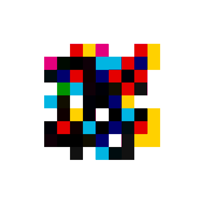 An abstract pixel art design featuring a grid of colored squares including red, yellow, blue, green, black, and white.