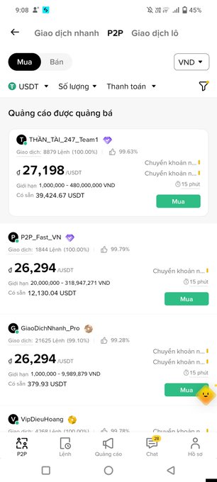 A Vietnamese P2P cryptocurrency exchange (Binance P2P) showing USDT listings for sale, with prices around 26,294-27,198 USDT/VND.