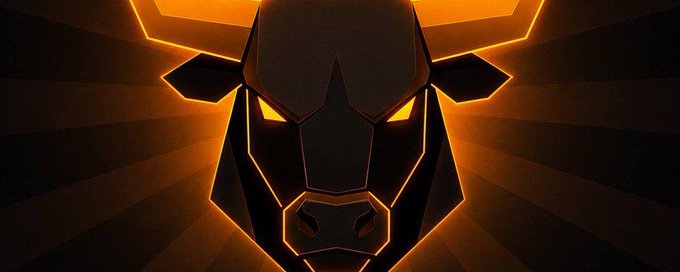 Stylized geometric illustration of a bull's head with glowing orange eyes and outlines set against a dark background with orange rays.