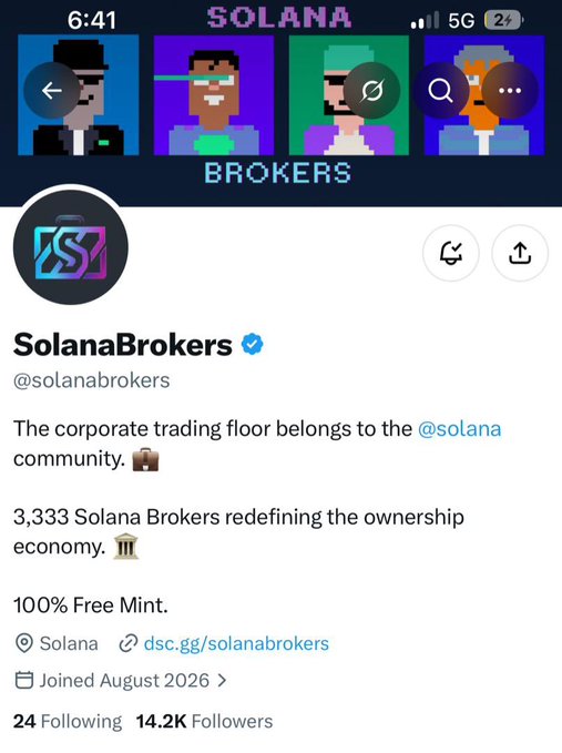 A Twitter/X profile for 'SolanaBrokers' (@solanabrokers) shows pixel art branding and describes '3,333 Solana Brokers redefining the ownership economy,' with 14.2K followers.