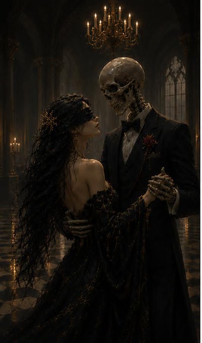 A dark, gothic digital artwork depicting a skeletal figure in a formal black tuxedo dancing with a woman with long dark hair in an elegant black gown, set in a candlelit hall with chandeliers.