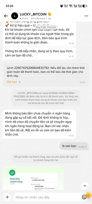 A Telegram chat screenshot with 'LUCKY_BITCOIN' containing a Vietnamese message about a bank account issue, showing a successful transaction notification at the bottom for '47,832,660 VND'.