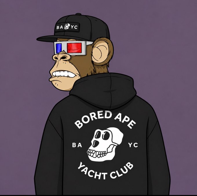 An illustration of a monkey wearing a black 'Bored Ape Yacht Club' hoodie, a black cap with 'BAYC', and 3D glasses against a purple background.