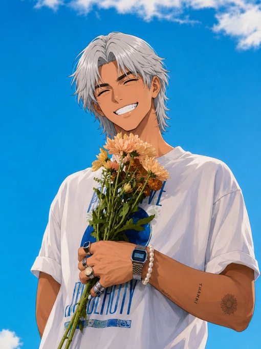 Anime-style illustration of a silver-haired smiling young man in a white t-shirt holding a bouquet of yellow flowers against a blue sky with clouds.