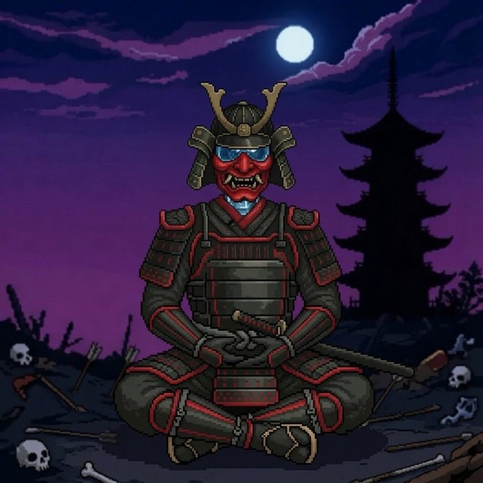 A pixel art samurai warrior wearing red and black armor with a horned helmet, sitting cross-legged in meditation under a full moon with a pagoda silhouette in the background.