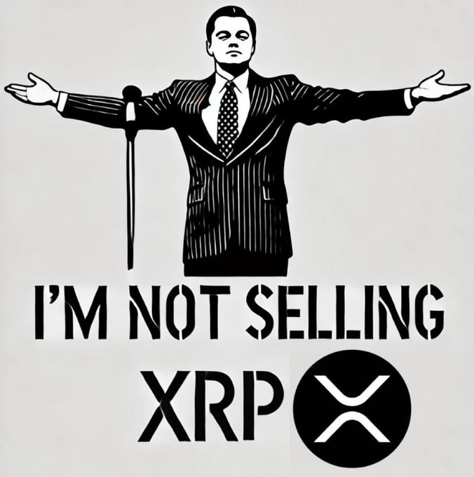 Black-and-white graphic illustration of a man in a pinstripe suit with arms outstretched, with bold text reading 'I'M NOT SELLING XRP' alongside the XRP cryptocurrency logo.