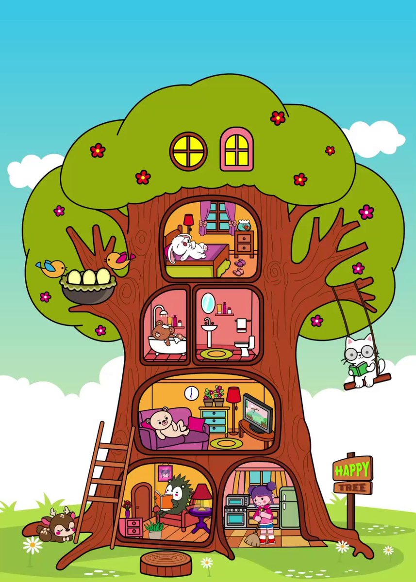 "Happy Tree" is a cartoon series featuring a tree with multiple levels, each containing different characters or objects that contribute to the story's narrative. The tree has been adapted into a 3D animated film, which adds depth and realism to the scene. The image shows various elements of this animated film, such as the tree structure, the characters on its floors, and the overall layout of the scenes.