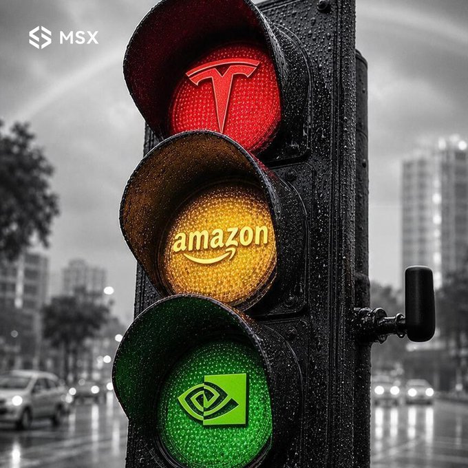 A traffic light displaying the logos of Tesla (red), Amazon (yellow), and NVIDIA (green) as the illuminated signals.