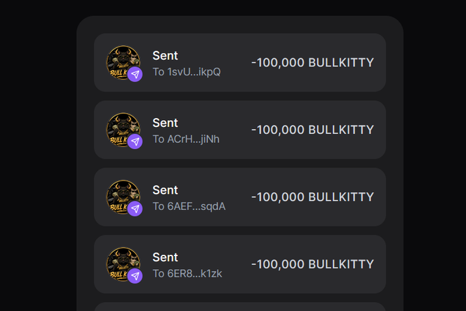 The image shows four transaction confirmations, each displaying "Sent" -100,000 BULLKITTY tokens to different Solana wallet addresses. These entries serve as proof of completed airdrop distributions supporting the promotion's claim that each wallet can receive 100,000 $BULLKITTY.