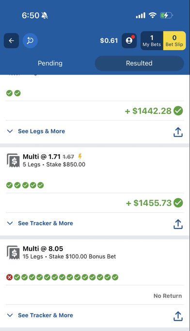 A mobile sports betting app screenshot showing the "Resulted" tab with three settled multi-leg bets: a +$1442.28 win, a +$1455.73 win on a 5-leg Multi at 1.71 odds, and a "No Return" on a 15-leg Multi at 8.05 odds, where the user came tantalizingly close to a third straight win before one leg failed.