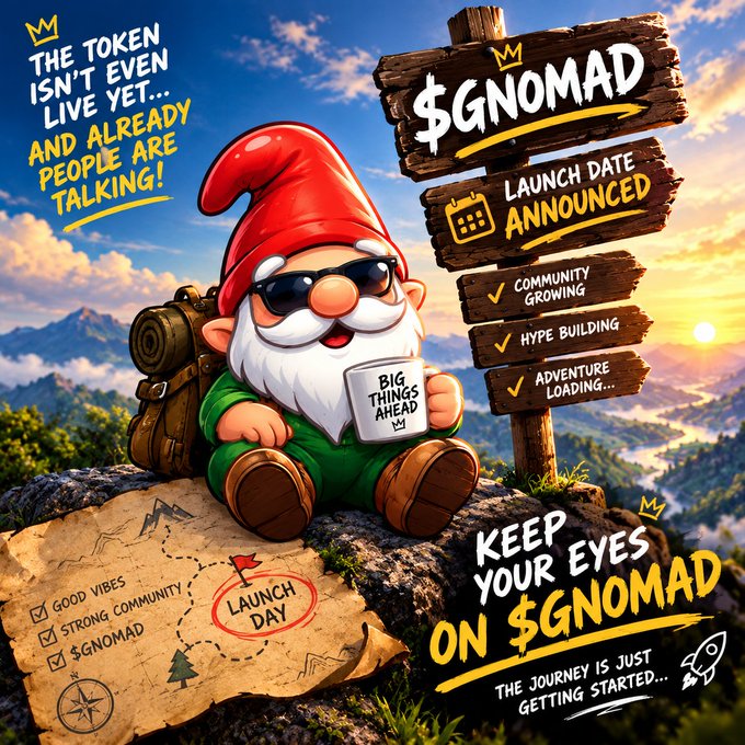 A promotional crypto meme featuring a gnome with sunglasses holding a 'BIG THINGS AHEAD' mug, sitting on a rock next to a treasure map and wooden signs reading '$GNOMAD LAUNCH DATE ANNOUNCED', 'COMMUNITY GROWING', 'HYPE BUILDING', and 'ADVENTURE LOADING...', with text 'THE TOKEN ISN'T EVEN LIVE YET... AND ALREADY PEOPLE ARE TALKING!' and 'KEEP YOUR EYES ON $GNOMAD'.