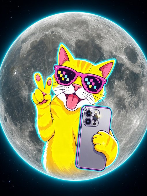 A cartoon yellow cat wearing pixelated 'deal with it' sunglasses makes a peace sign while holding a smartphone, set against a backdrop of a large moon.