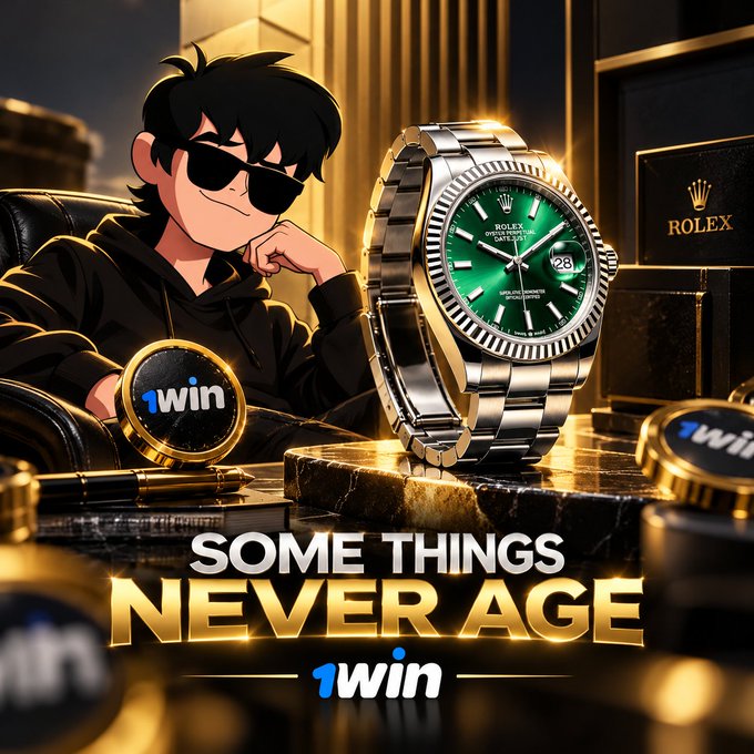 A promotional advertisement features a cartoon character in sunglasses next to a Rolex watch with a green face, with text reading 'SOME THINGS NEVER AGE' and the '1win' logo.