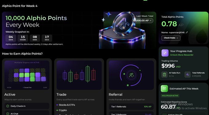 The image shows the Alphio platform's Week 4 dashboard, featuring a 10,000 Alphio Points weekly reward, a user balance of 0.78 AP for "rxpurrpiany0346," a $996 trading volume, and tier-based earning methods (Active, Trade, Referral). The post relates by showcasing the Alphio AI platform that the user consulted for an ETH market analysis while earning AP Points.