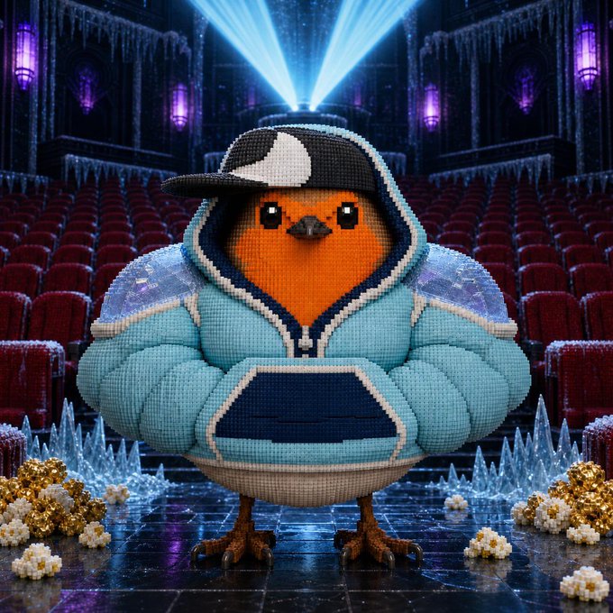 A stylized illustration of a bird-like character wearing a backwards cap and a puffy light blue hoodie, standing in a cinema with blue lighting and popcorn scattered around.