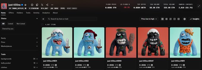 OpenSea NFT marketplace page showing the 'just100ns' collection by YUNG_APEX_21, featuring various Yeti-style NFT characters priced around 0.0355 ETH.