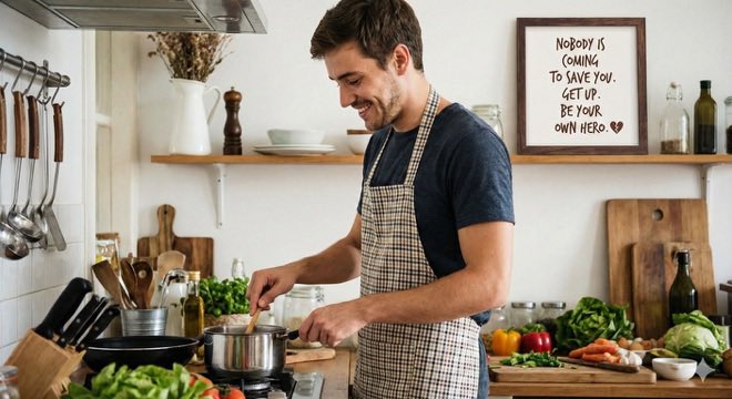 The image shows a man wearing an apron standing at a kitchen counter, cooking with various ingredients such as carrots and broccoli. The background of the photo features a white wall with a framed quote that reads "Nobody is to be judged by their own hero". This quote adds a personal touch to the scene and emphasizes the importance of self-expression and individuality in the image.
