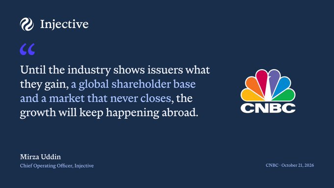 A CNBC quote card for Injective reads: “Until the industry shows issuers what they gain, a global shareholder base and a market that never closes, the growth will keep happening abroad,” credited to Mirza Uddin, Chief Operating Officer, Injective.