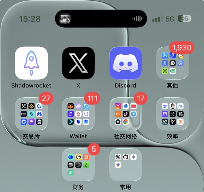An iPhone home screen displays various crypto and productivity apps organized into folders, including Shadowrocket, X, Discord, and folders labeled "交易所" (Exchange, 27 apps), "Wallet" (111 apps), "社交网络" (Social Networks, 17 apps), "效率" (Productivity), "财务" (Finance, 5 apps), and "其他" (Others, 1,930 apps), highlighting the overwhelming number of apps and the cluttered experience crypto users face on mobile. The numerous notification badges and highly populated folders visually underscore the post's point that the crypto app ecosystem still lacks consolidation and a streamlined user experience.