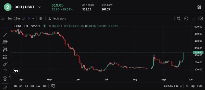 A cryptocurrency trading chart displays the BCH/USDT pair with a current price of 319.65, showing a 19.52% gain and a 24-hour high of 328.25.