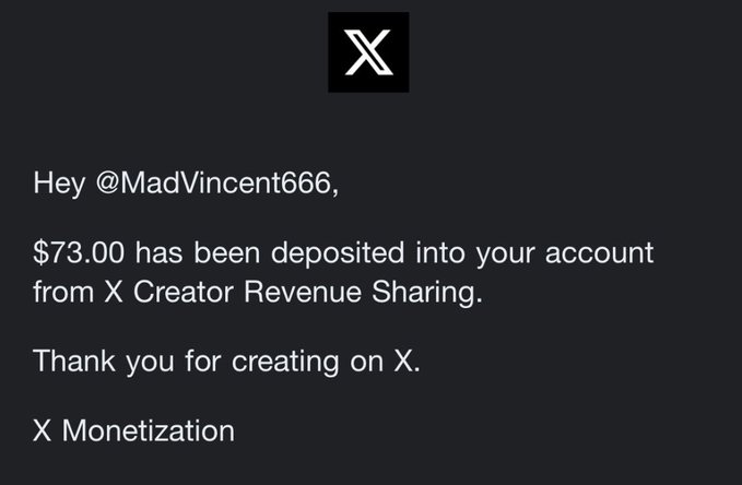 The image features a post from someone named "MadVincent66". They have recently received $73,000 worth of token payments through XCreator sharing. The post is about gratitude for creating an account and being deposited into their XCreator cryptocurrency wallet, which was made possible by the tokens received. The main focus of this message is appreciation for receiving tokens from the creator and how it has been used to fund this transaction.