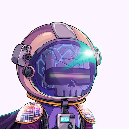 An illustrated character wearing a purple astronaut helmet with a glowing teal visor and purple armor featuring 'DDG' on the chest plate.
