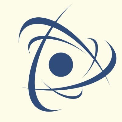 A blue logo featuring a central dot surrounded by three intersecting elliptical orbits on a cream background.